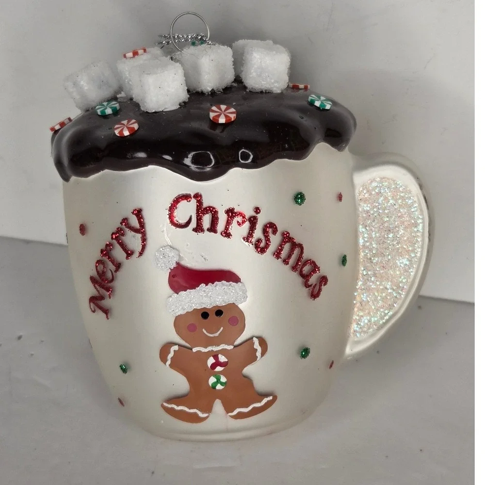 Gingerbread Hot Cocoa Mug Glass Christmas Ornament Marshmallows Peppermint